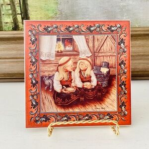 Norwegian Suzanne Toftey Rommegrot Girls Folk Art Tile wall decor trivet cork 6”